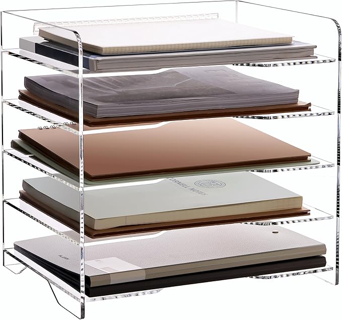 SANRUI Acrylic Desk File Organizer 5 Tier Letter Tray Paper Organizer with Handle for Office, Home, Classroom Clear Desk Organizer Document Holder