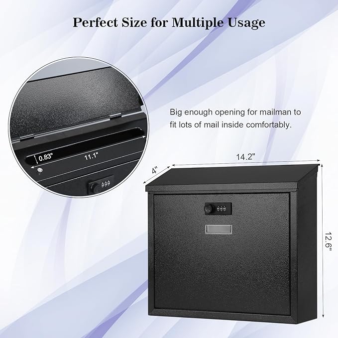xydled Mail Boxes with Combination Lock,Locking Mailbox Wall Mounted,Security Metal Mailbox Drop Box, Modern Large Capacity,Steel Cover Metal Postbox for House Home Outside, Black, 14.2''x12.6''x4''