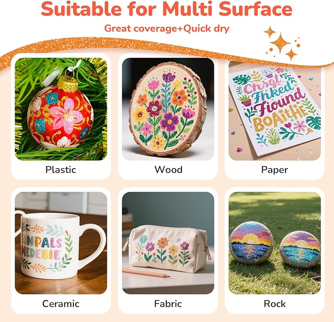 JoyCat 3mm Medium Tip Glitter Markers - 12 Vibrant Colors (Red to Pink) | 3ml High-Capacity Ink | Multi-Surface Paint Pens for Rock, Wood, Fabric, Glass | Gift for Kids DIY Crafts