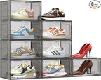 TOFWOF 8 Pack XX Large Shoe Organizer, Heavy-Duty Hard Thicken Plastic Clear Stackable Shoe Storage Box Organizer for Closet, Space-Saving Shoe Rack Display Case Bin Containers for Sneakers, Grey