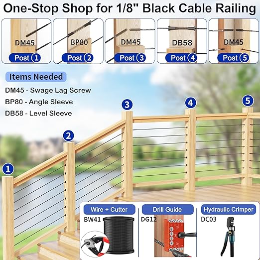 Steel DN Mate 50 Pack Black Stainless Steel Protector Sleeves for 1/8”, 5/32", 3/16" Wire Rope Cable for Wood Post, T316L Marine Grade Cable Railing Kit Hardware DB58