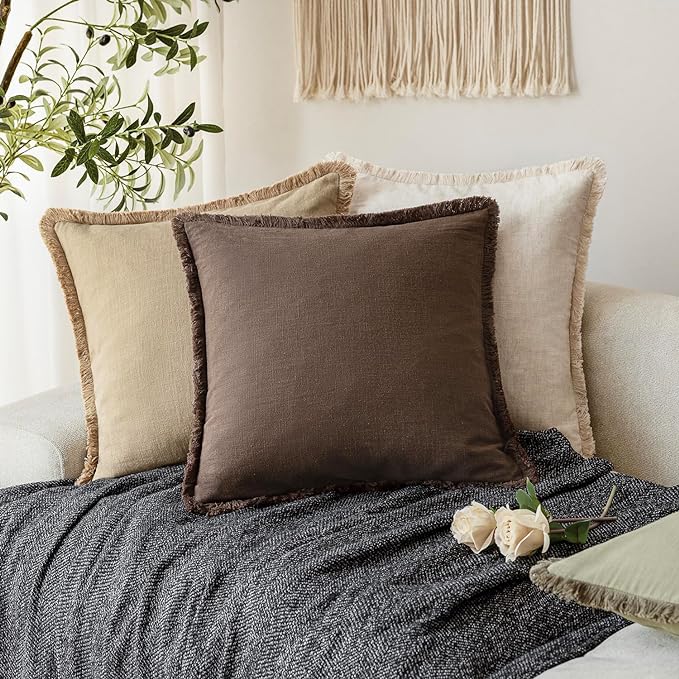 Foindtower Set of 2 Decorative Linen Fringe Throw Pillow Covers Boho Farmhouse Cushion Cover with Tassels Soft Accent Pillowcase for Couch Sofa Bed Living Room Home Decor,18×18 Inch,Reddish Brown