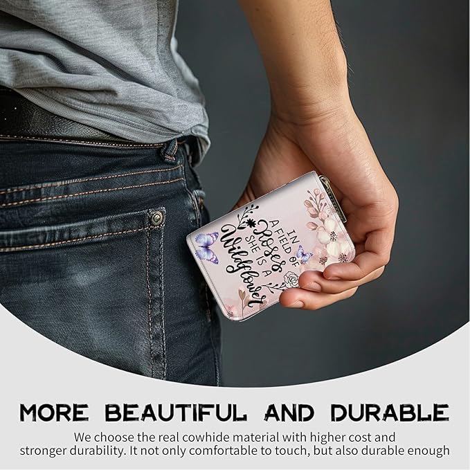 BWEGRHE Cute Credit Card Holder with Zipper, Sakura Butterfly RFID-Blocking Card Case Small Wallet for Women Men, Multi-slot Card Organizer Case Travel Accordion Wallet