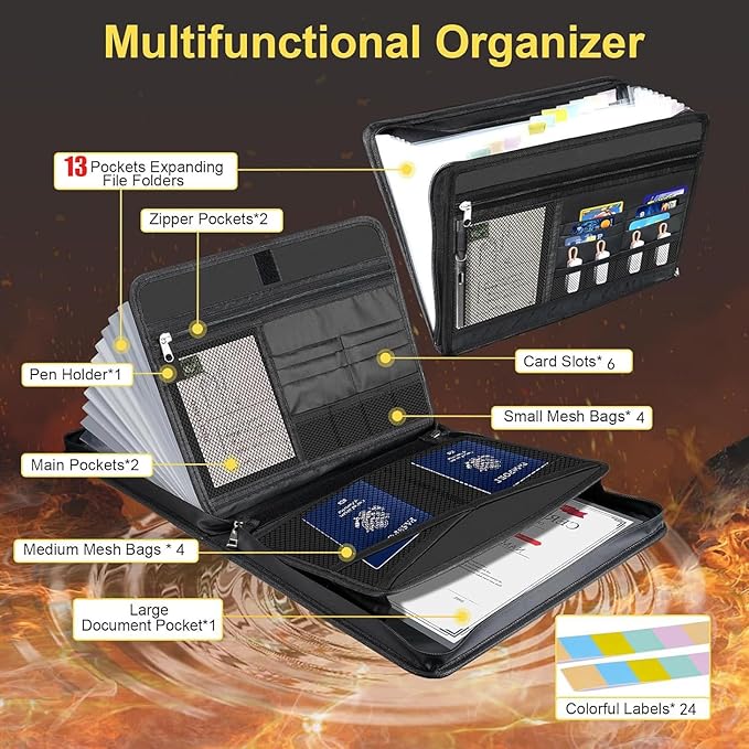 Accordion File Organizer Fireproof Expanding Folder - 13 Pockets, Letter A4 Size, Index Tabs,Organize Bills, Receipts & Important Documents Easily,Home Office & School