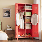 SUPEER 2 Doors Metal Storage Locker with Adjustable Shelves and 2 Hanging Rods, Metal Wardrobe Cabinet with Lock,Wardrobe Lockers for Home,Office,Assembly Required,Red