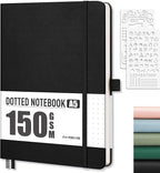AHGXG Bullet Dotted Journal - 150 GSM Dot Grid Notebook Journal, Thick Acid-Free Paper, A5 Dotted Notebook 128 Pages, Leather Hardcover, Inner Pocket, Journal Stencil, 5.7'' × 8.3'' - Black
