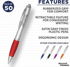 DISCOUNT PROMOS Personalized Ballpoint Pens With Rubber Grip, 50 pack Customizable Ergonomic Click-to-Write Custom Writing Pens for School with Black Ink, Red