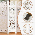 5.75Ft Room Divider Wood Screen, 33Lbs Durable MDF Carved Rustic Style Headboard, Reversible Freestanding Folding Partition Paravent for Home, 69 * 71 inch(H*W) - 4 Panels (Rustic White)