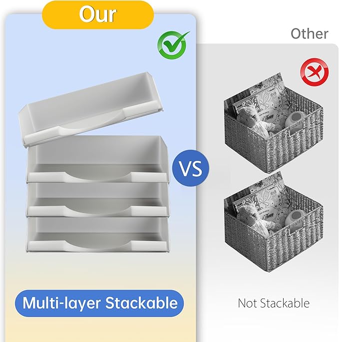 4 Pack Stackable Paper Trays for Letter Documents, Desktop File Organizers for Office Supplies, Stackable Desk Tray Holder for Paper Storage, Gray