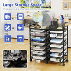 Simple Trending Rolling File Storage Cart, 15-Tier Metal Desk File Organizer with 14 Mesh Sliding Trays, Multi-Functional Clutter Cart for Office Home School, Black