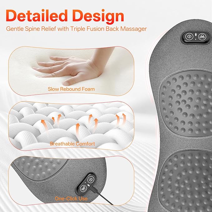 SUDAHIA 3-in-1 Electric Back Massager Pillow with Heat, Vibration and Traction, Triple Fusion Back Massager Bed and Chair Use, Lumbar Support Pillow for Lower Back Comfort and Spine Support (Gray)