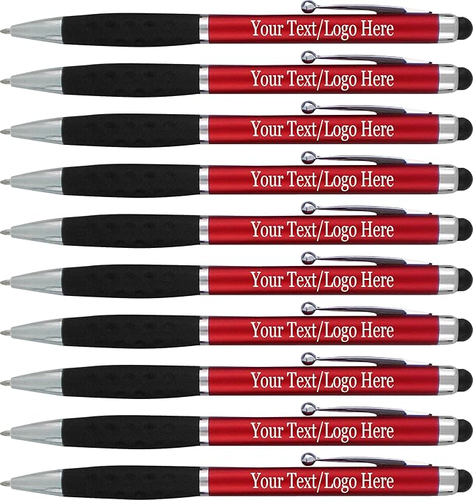 Customized Pens with your Custom Logo or Text-300 Pack Bulk-for Businesses, Parties, and Events, 2 in 1 Ballpoint Pen & Stylus Compatible with Touchscreen Devices, Red Barrel, Black Ink