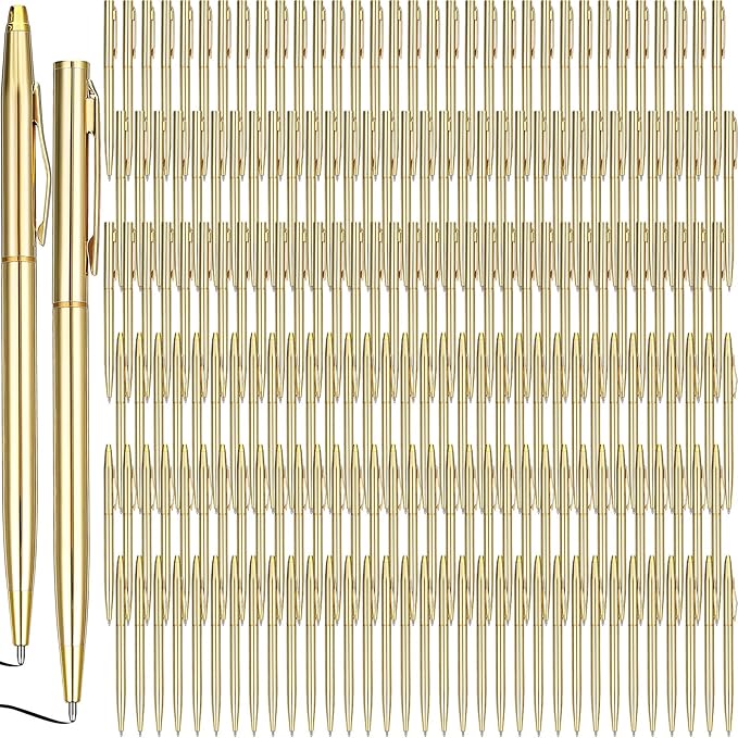 Fuutreo 200 Pack Wedding Gold Pens Bulk Gold Metal Pens Slim Ballpoint Retractable Ballpoint with Black Ink Mini Conical for Wedding Favors Guests, Office Business Teachers,1.0 mm