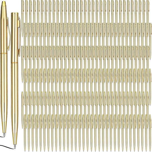 Fuutreo 200 Pack Wedding Gold Pens Bulk Gold Metal Pens Slim Ballpoint Retractable Ballpoint with Black Ink Mini Conical for Wedding Favors Guests, Office Business Teachers,1.0 mm