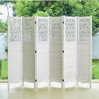 Svimi Folding Room Divider, 66.9 Inch 6 Panels Wood Carved Privacy Screens, Free Assembled Freestanding Portable Separation Wall for Home Office Restaurant Bedroom (White)