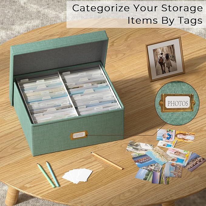 Decorative Photo Storage Box - Linen Photo Box Organizer with Dividers, Fits Holds Up to 1700 Pictures and 4x6 Photos, Memory Keepsake Organizer for Photos, Scrapbook Supplies, Cards, Stamps (Green)