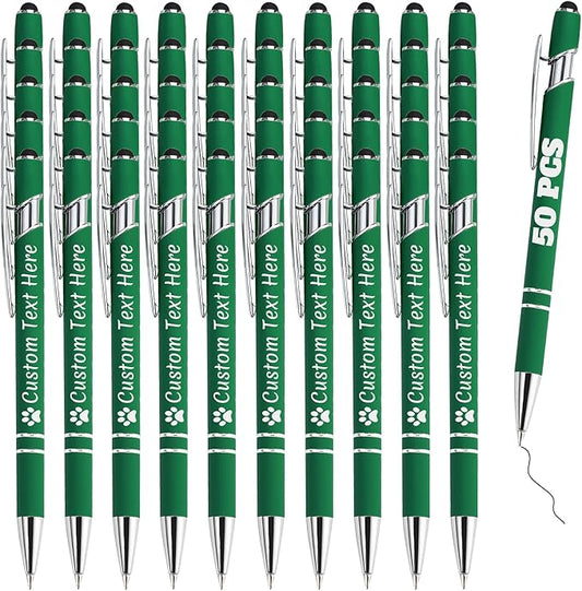 Personalized Pens Bulk 50 with Name Custom Engraving Ballpoint Pens with Stylus Tip Customized Smooth Writing Pens Personalized Gifts for Anniversary Birthday or Graduation(Dark Green,Black Ink)