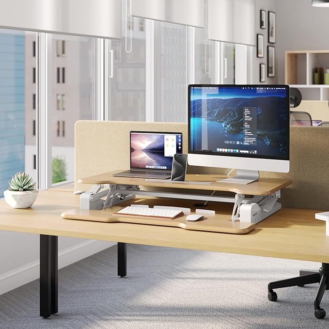 Mount-It! Height Adjustable Standing Desk Converter, 38” Wide, Desk Riser for 2 Monitors, Manual Gas Spring Sit Stand Desktop Raises to 16.9", Fits Two Monitor Screens with Keyboard Mouse Tray Maple