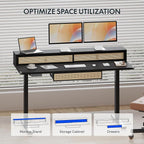 FLEXISPOT Q4 One-Piece Standing Desk with Rattan Drawers, 48 x 24 Inch Adjustable Height, Electric Stand Up Table with Monitor Shelf, Home Office Ergonomic Computer Desk with Memory Presets, Black
