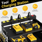 CFMASTER 4-Layer Wall-Mounted Power Tool Organizer Rack,Heavy Duty Adjustable Shelves Organizer for Cordless Power Tool Batteries,Space-Saving Garage & Workshop Charging Station 8 Outlets Power Strip