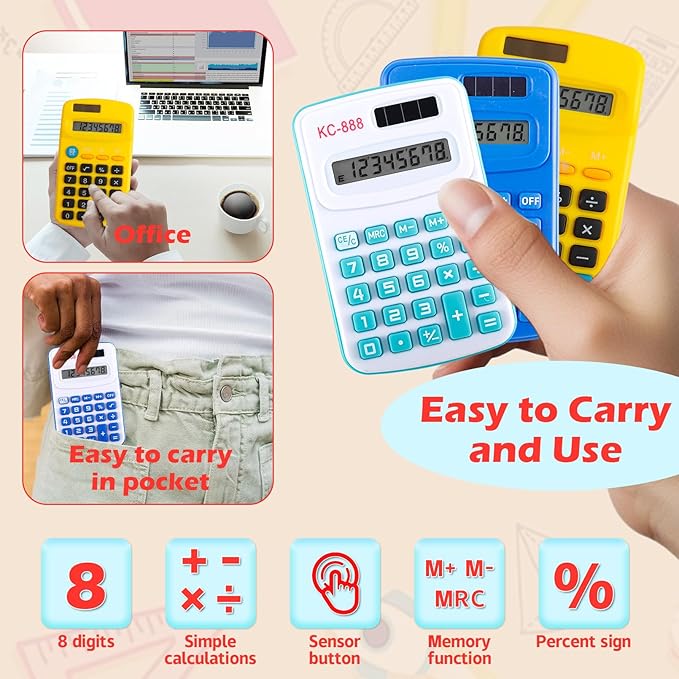 48 Pcs Pocket Calculator,Pocket Size Basic Calculators,8 Digit Display Solar Battery Dual Power Desktop Calculators,Mini Calculator for Students,Home,Office, 3 Styles