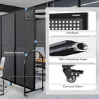 Folding Room Partition,Freestanding Privacy Divider,Portable Office Divider Wall,Commercial Space Partition Screen,Perforated Felt Panel Design,10'6"W x 6'7"H,5 Panel,Dark Grey