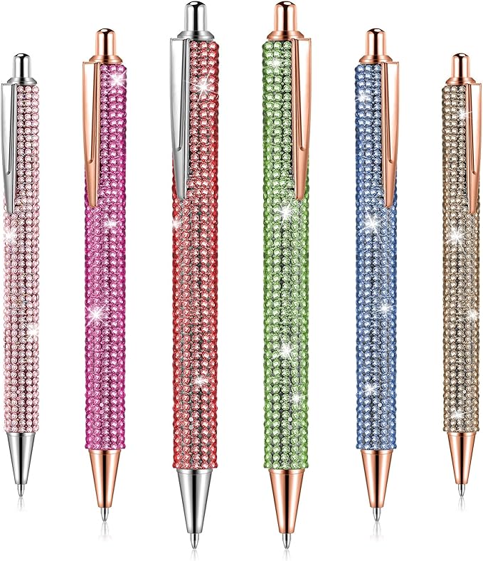 Jeyiour 6 Pcs Bling Pen Cute Diamond Wedding Rhinestones Gift Metal Ballpoint Fancy Sparkly Crystal Retractable Black Ink Pen for Women Office Birthday 0.7mm(Colorful)