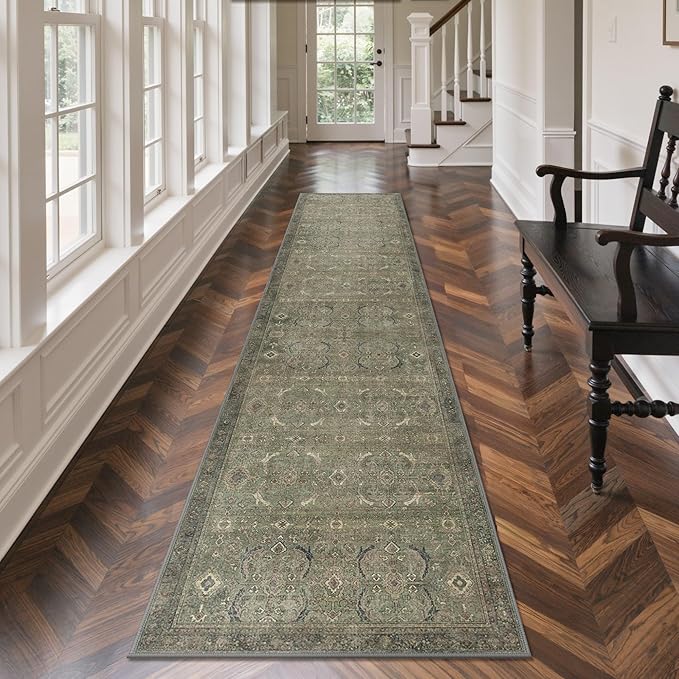 GENIMO 2x10 Runner Rugs for Hallway, Machine Washable Non Slip Vintage Rugs, Low Pile Lightweight Soft Print Rug for enrtyway, Corridor, Home Office, Kitchen, Muted Green