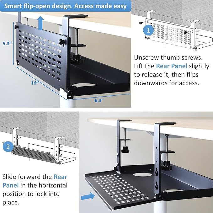 AEONS Universal Under Desk Cable Management Tray-Clamp Mount Hinged Swing Modesty Panel Organizer for Office Desks, Easy Access Flip-Down Position Power Strip Cord Storage No-Drill, 25 lb Capacity