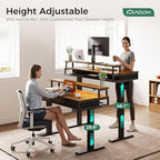 AODK Electric Standing Desk with Drawers & Keyboard Tray, 55 Inch Height Adjustable Gaming Desk with Power Outlets & LED Lights, Sit Stand Table with Monitor Stand for Home, Office, Rustic Brown