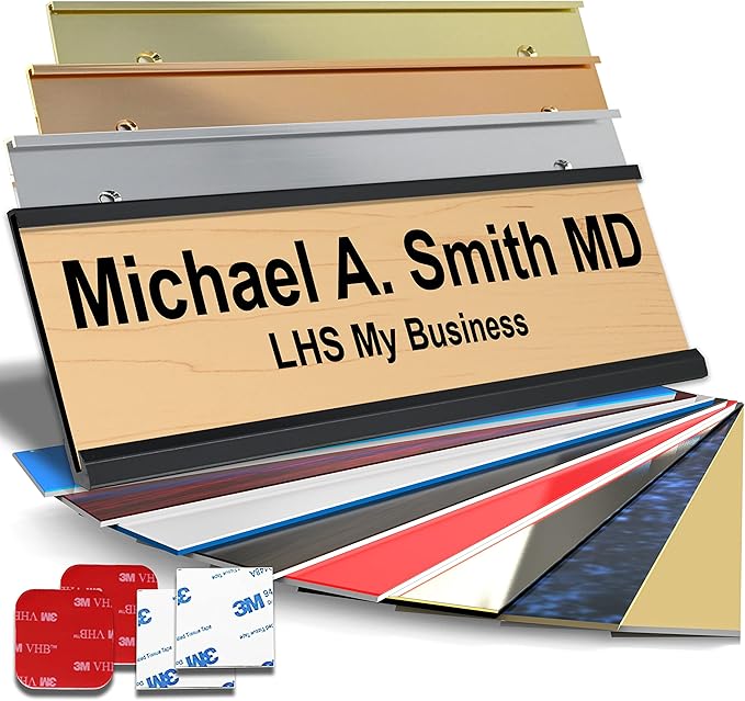 Custom Name Plate with Choice of Mounting for Walls, Doors, Desk Holders, Cubicles, Hanging and More - Personalized Cashew Plastic Black Letters - USA Made 2x8 - N6