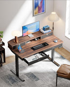 HUANUO 55 x 30 inch Electric Standing Desk with Wood Drawers, Adjustable Height Sit Stand Home Office Desk with Two Tiers, Ergonomic Adjustable Stand up Desk C-Clamp Monitor Mount Compatible, Walnut