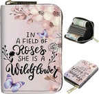 BWEGRHE Cute Credit Card Holder with Zipper, Sakura Butterfly RFID-Blocking Card Case Small Wallet for Women Men, Multi-slot Card Organizer Case Travel Accordion Wallet