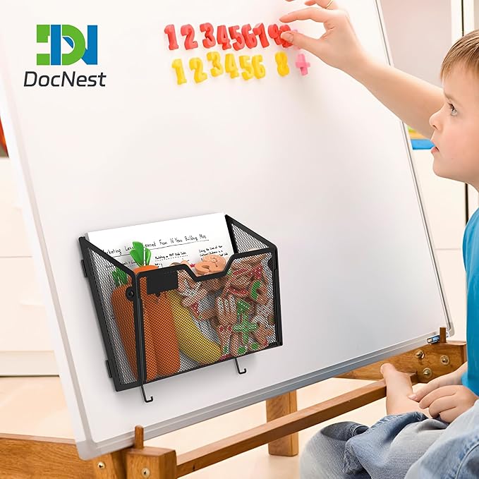 Docnest 6 Pack Magnetic Wall Mounted File Holders,Mesh Letter Organizer with Hooks, Magnetic Hanging Mail Paper Document Organizer for Office, Home, School, Black