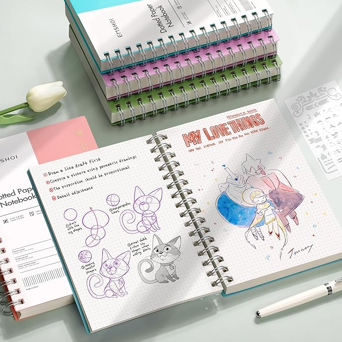 EMSHOI A5 Spiral Notebook Bullet Dotted journal, Small 5.7" X 8.22", 300 Pages/150 Sheets, 100gsm Dot Grid Paper, Waterproof Hardcover, for Office School Women Men Work Writing Notes-Pink