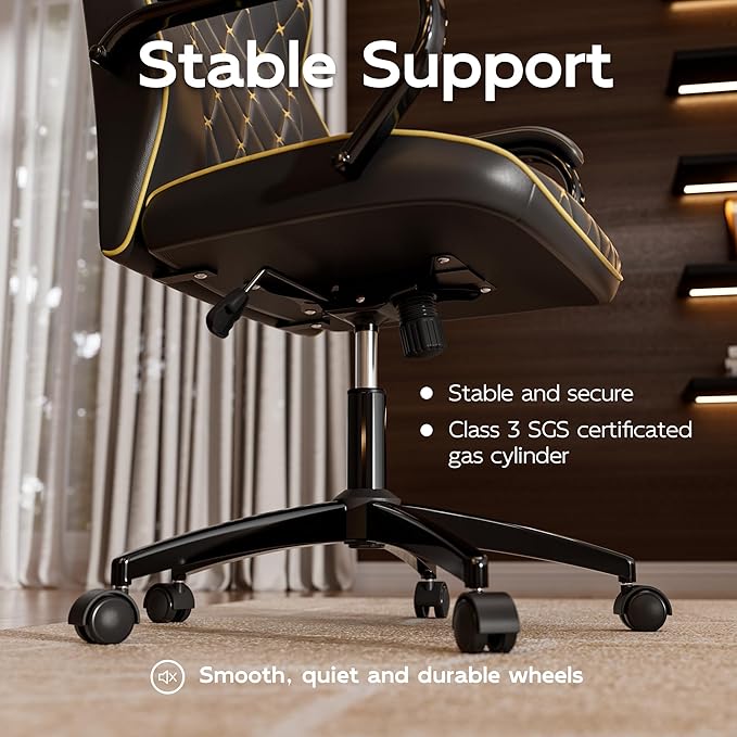 Black Office Chair with Soft Leather Embroidery, Mid Back Vintage Swivel Executive Desk Chair with Wheels and Padded Arms, Adjustable Height