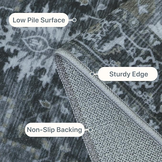 GENIMO 2x10 Runner Rugs for Hallway, Machine Washable Non Slip Vintage Rugs, Low Pile Lightweight Soft Print Rug for enrtyway, Corridor, Home Office, Kitchen,Dark Gray