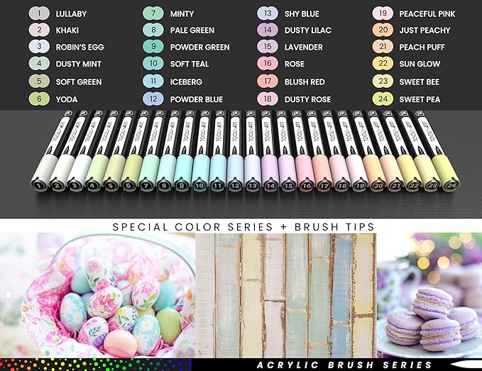 24 Flexible Brush Tip Acrylic Paint Pens Markers Set 1-7mm Line for Rock Painting, Brush Lettering, Glass, Mugs, Wood, Metal, Canvas, Fabric, Plastic Non Toxic Waterbased Quick Drying Assorted Pastel