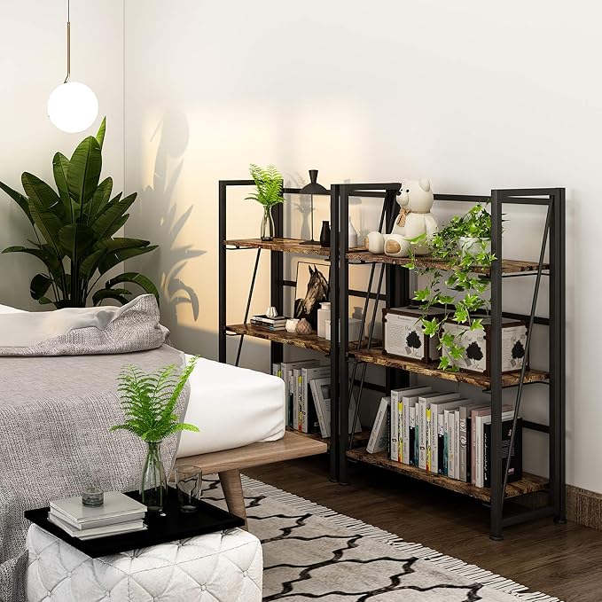 4NM No Assembly Folding Bookshelf Storage Shelves 3 Tiers Vintage Bookcase Standing Racks Study Organizer Home Office (Rustic Brown Black)