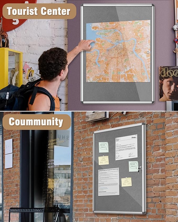 Mifuro 38"x28" Enclosed Bulletin Board, Lockable Weather-Resistant Aluminum Cork Noticeboard for School & Office, Silver Frame w/Grey Flet