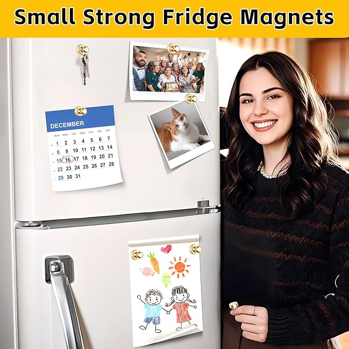 VNDUEEY 16 Pack Fridge Magnets Refrigerator Magnet, Gold Strong Magnets for Whiteboard, Magnetic Push Pins, Metal Magnet for Kitchen, Office, Classroom, School, Locker, Cruise Decor