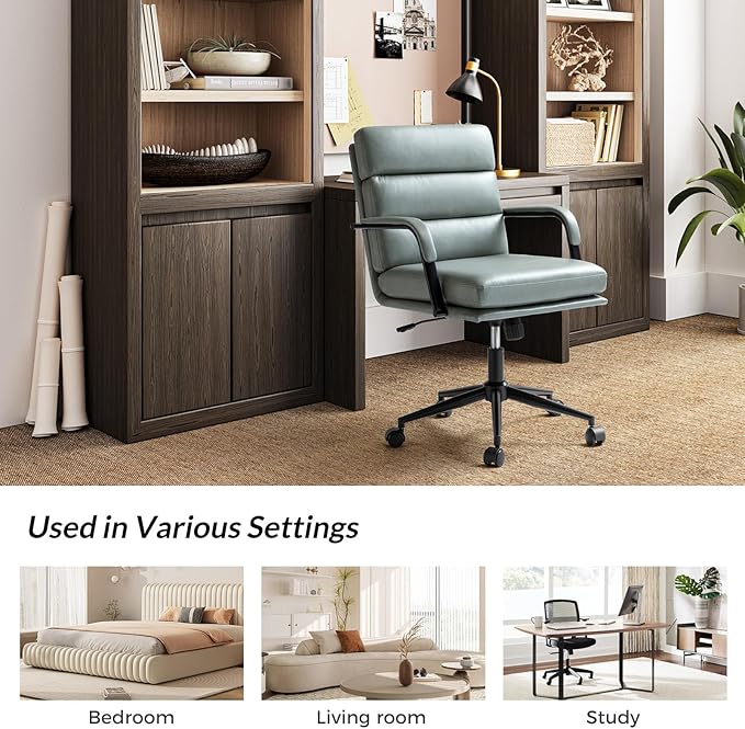 HULALA HOME Modern Faux Leather Home Office Chair with Tilt Lock & Metal Base, Desk Chair with Wheels & Padded Cushion, 360° Swivel Wide Seat Computer Task Chair, Sage