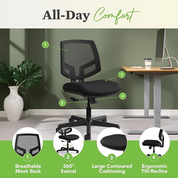 HON Volt Fabric Office Chair with Mesh Back, Home Desk Chairs with Wheels, Ergonomic Recline and Center Tilt, Black