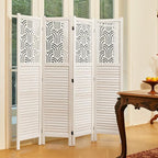 Svimi Folding Room Divider, 66.9 Inch 4 Panels Wood Carved Privacy Screens, Free Assembled Freestanding Portable Separation Wall for Home Office Restaurant Bedroom (White)