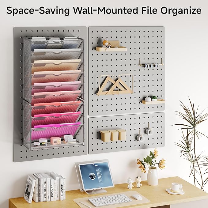 Lavatino 10-Tier Hanging Wall File Folders Organizer - Silver Metal Mesh Paper Magazine Document Mail Holder File Organizer for Office School Home Wall Mount or Desk Supplies Organization