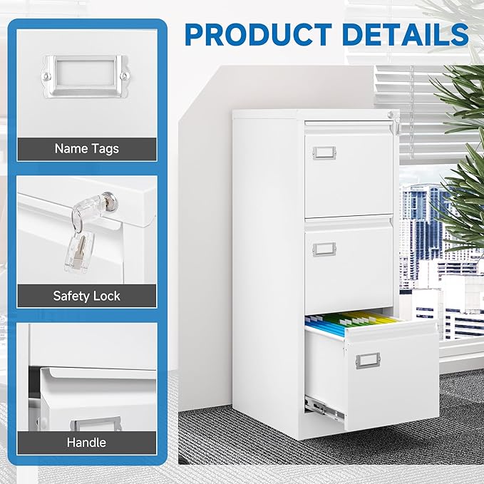 3 Drawer File Cabinet with Lock Metal Vertical File Storage Cabinet Office Home Steel Vertical File Cabinet for A4 Legal/Letter Size Narrow File Cabinet Locked,Assembly Required