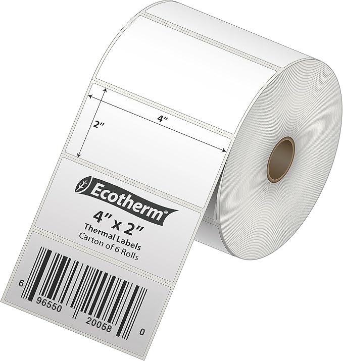 4" x 2" Thermal Labels | 6 Rolls | 7500 Labels | fits Zebra, Munbyn, Rollo, Godex, Arkscan, iDPRT, Offnova Thermal Label Printers and More | Blank White Adhesive Stickers by Ecotherm