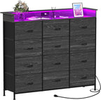 Welfuturer Black Dresser with LED Light 12 Drawers Dresser with Charging Station Dressers for Bedroom with 12 Fabric Drawers for Bedroom Hallway Entryway Closets Sturdy Steel Frame Wood Top Black