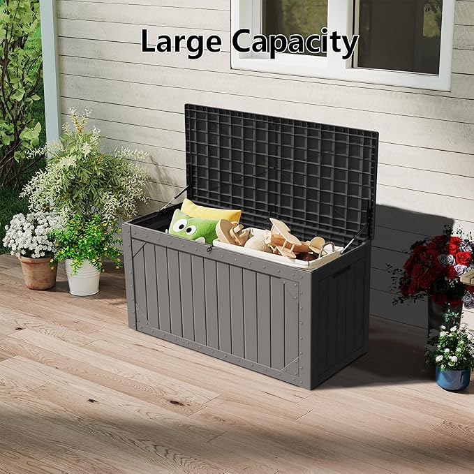Decksplore 100 Gallon Outdoor Storage Box Waterproof, Lockable Resin Deck Box Patio Storage Bin for Pool Accessories Cushion Furniture, Garden Tools, UV-Resistant Outside Delivery, Black