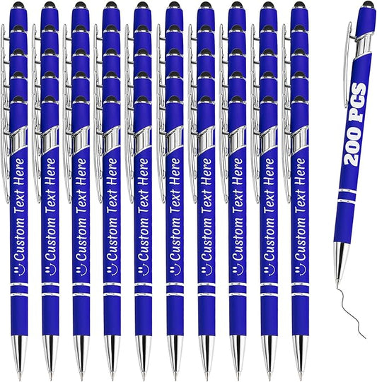 Personalized Pens Bulk 200 with Name Custom Engraving Ballpoint Pens with Stylus Tip Customized Smooth Writing Pens Personalized Gifts for Anniversary Birthday or Graduation(Blue,Black Ink)